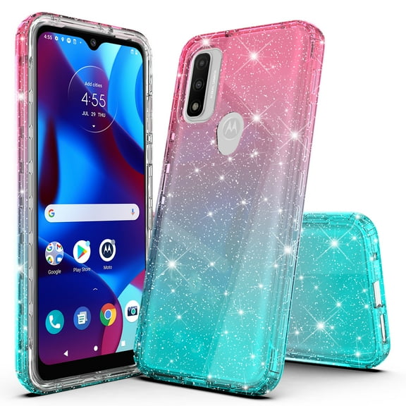 Motorola G Power 2022 Case, Moto G Pure Case, Rosebono Hybrid Glitter Sparkle Transparent Colorful Gradient TPU Skin Cover Case For Moto G Power 2022 (Pink/Teal)