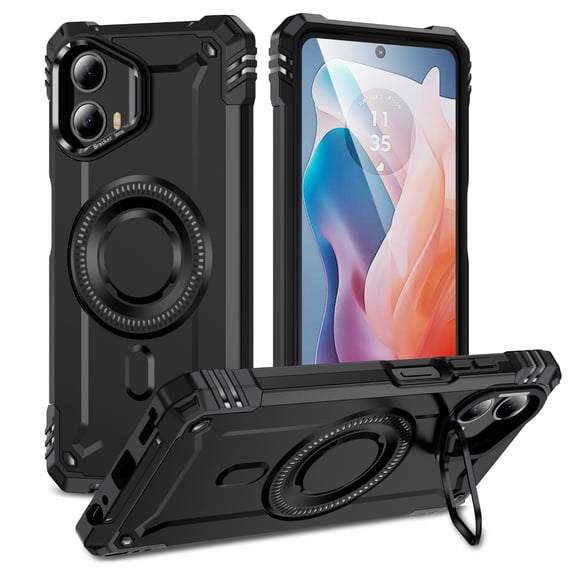 for Motorola G Pure Armor Case with Kickstand, Luxury Military-Grade Drop Protection Heavy Duty Magnetic Phone Case, Compatible with MagSafe Accessories, for Motorola G Pure, Black