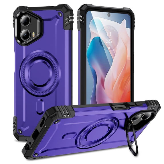for Motorola G Pure Armor Case with Kickstand, Luxury Military-Grade Drop Protection Heavy Duty Magnetic Phone Case, Compatible with MagSafe Accessories, for Motorola G Pure, Purple