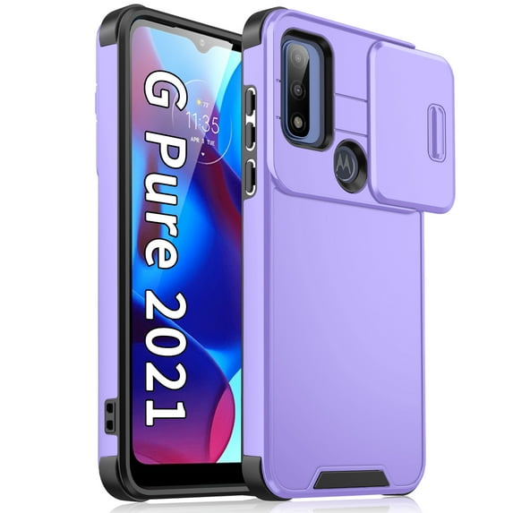 for Motorola G Pure Heavy Duty Case with Camera Sliding Cover, Support Wireless Charging Hybrid TPU & PC Smoothly Anti-Fingerprint Slim Case Compatible with Motorola G Pure, Purple