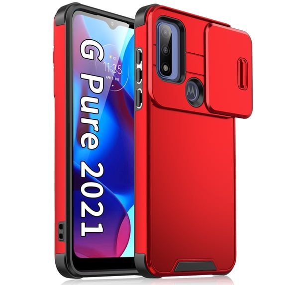 for Motorola G Pure Heavy Duty Case with Camera Sliding Cover, Support Wireless Charging Hybrid TPU & PC Smoothly Anti-Fingerprint Slim Case Compatible with Motorola G Pure, Red