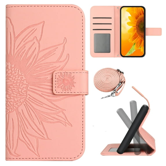 for Motorola G Pure Wallet Case, Flip Case PU Leather Soft TPU Embossed Folio Magnetic Adjustable Kickstand Crossbody Strap Cover Card Slots Fall Prevention Case, Pink