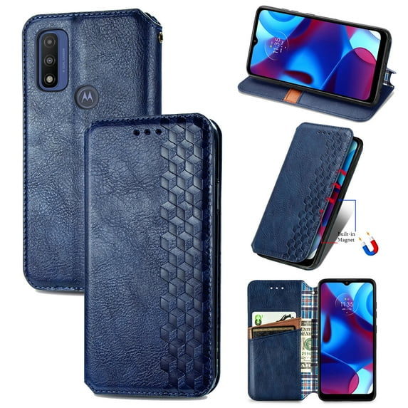 for Motorola G Pure Wallet Case, Vintage PU Leather Flip Case with Card Holder Kickstand Hidden Magnet Folio Case Book Cover Compatible with Motorola G Pure - Blue