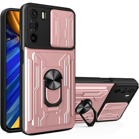for Motorola G62 5G Case Sliding Window Case with Card Holders, Cover with Slide Camera Protection Built-in Magnetic Kickstand Case for Motorola G62 5G LJK Rose Gold