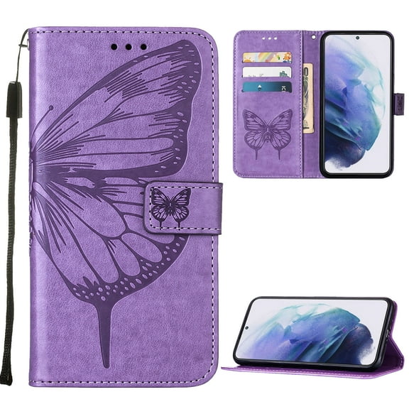 For Motorola MOTO G Stylus 5G (2021) Case, Magnetic Folio Butterfly Embossed Wallet Case, Premium Leather Wrist Strap Credit Card Holder Slots Kickstand Shockproof Cover, Lightpurple