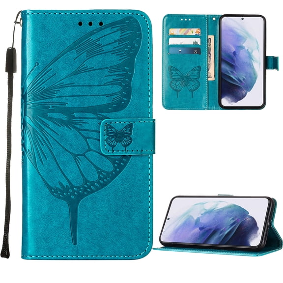 For Motorola MOTO G Stylus 5G (2021) Case, Magnetic Folio Butterfly Embossed Wallet Case, Premium Leather Wrist Strap Credit Card Holder Slots Kickstand Shockproof Cover, Blue