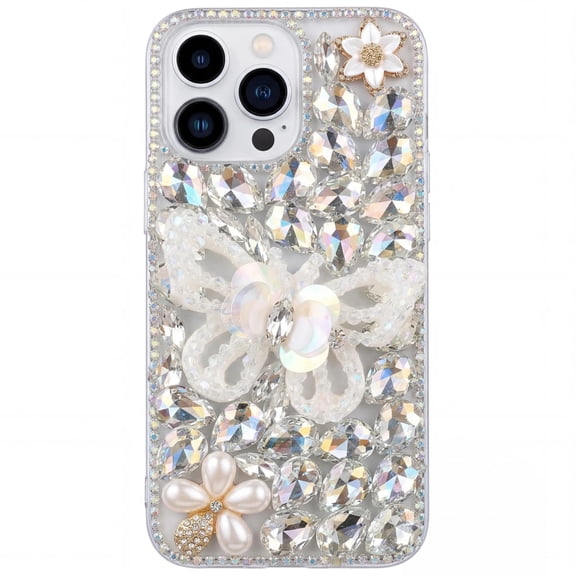 for Motorola MOTO G35 Rhinestone Phone Case Designer Handmade 3D Shiny Sequins White Butterfly & Pearl Flower & Bling Crystal Glass Diamond Women Girl