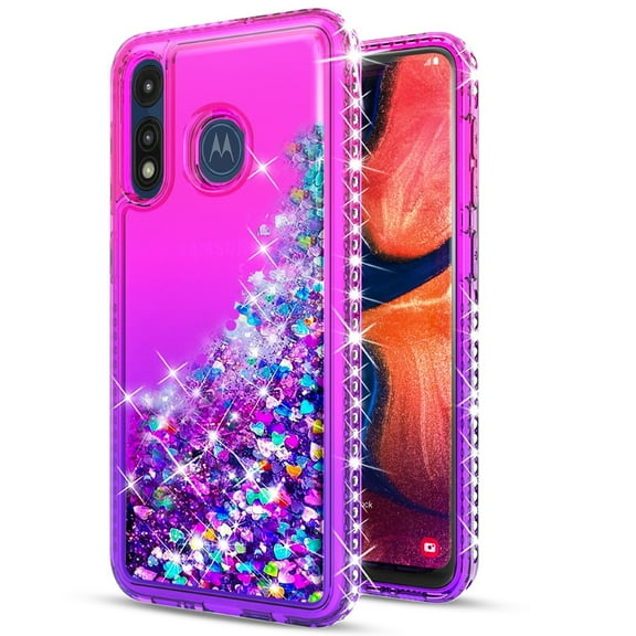 Motorola Moto E 2020 Phone Case, with [Tempered Glass Protector Included] Liquid Floating Glitter Quicksand Bling with Spot Diamond Cover - Pink/Purple
