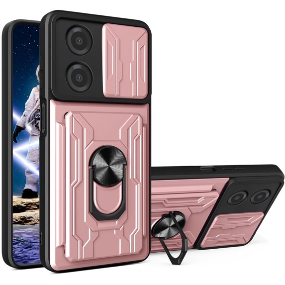 for Motorola Moto E13 4G Case with Slide Camera Cover, Heavy Duty Protective with Ring Kickstand & Card Holder Cell Phone Case for Motorola E13 4G LJK Rose Gold