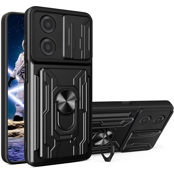 for Motorola Moto E13 4G Case with Slide Camera Cover, Heavy Duty Protective with Ring Kickstand & Card Holder Cell Phone Case for Motorola E13 4G LJK Black