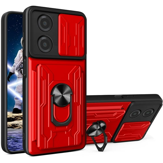 for Motorola Moto E13 4G Case with Slide Camera Cover, Heavy Duty Protective with Ring Kickstand & Card Holder Cell Phone Case for Motorola E13 4G LJK Red