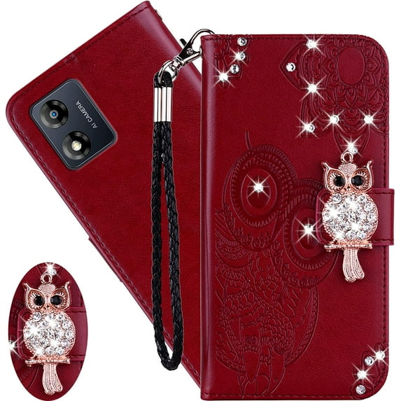 for Motorola Moto E13 5G Wallet Case for Women, Glitter Bling Diamond PU Leather Folio Cover with Card Slot Wrist Strap Built-in Kickstand Protective Case for Motorola Moto E13 5G Owl Red