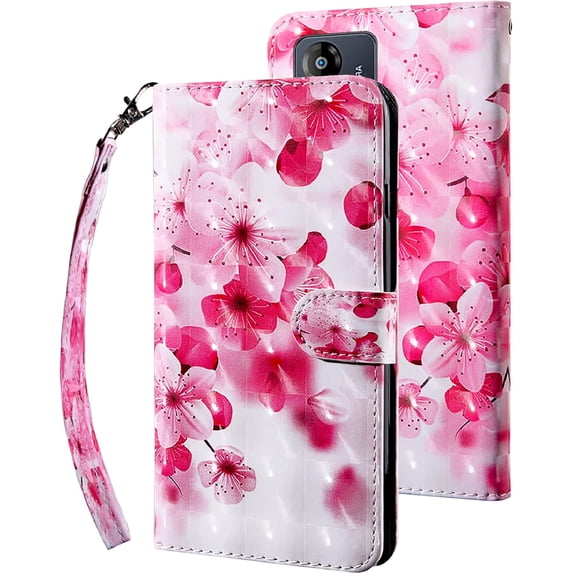 for Motorola Moto E13 Wallet Case with Card Slot Holder Kickstand - Lovely Colorful Pattern PU Leather Flip Phone Case Cover for Motorola Moto E13 Cherry Blossoms