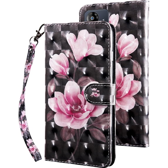 for Motorola Moto E13 Wallet Case with Card Slot Holder Kickstand - Lovely Colorful Pattern PU Leather Flip Phone Case Cover for Motorola Moto E13 Black Pink Flower