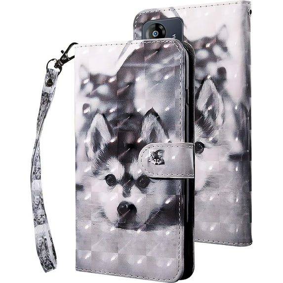 for Motorola Moto E13 Wallet Case with Card Slot Holder Kickstand - Lovely Colorful Pattern PU Leather Flip Phone Case Cover for Motorola Moto E13 Dog Husky
