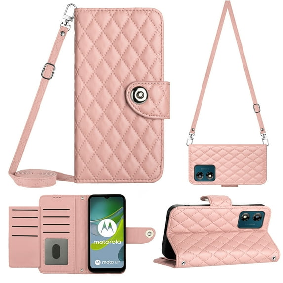 for Motorola Moto E13 Wallet Case RFID Blocking Card Slots Holder with Shoulder&Crossbody Strap, Magnetic Folio Kickstand Handbag Flip Phone Cover for Motorola Moto E13, Coralpink