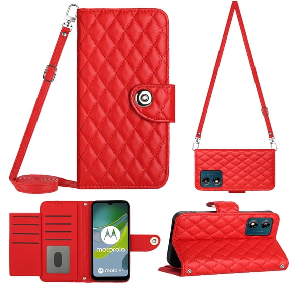 for Motorola Moto E13 Wallet Case RFID Blocking Card Slots Holder with Shoulder&Crossbody Strap, Magnetic Folio Kickstand Handbag Flip Phone Cover for Motorola Moto E13, Red