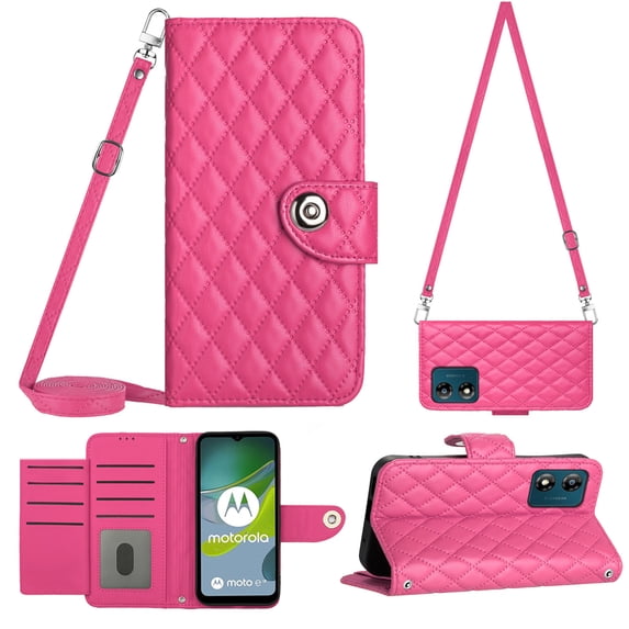 for Motorola Moto E13 Wallet Case RFID Blocking Card Slots Holder with Shoulder&Crossbody Strap, Magnetic Folio Kickstand Handbag Flip Phone Cover for Motorola Moto E13, Rose