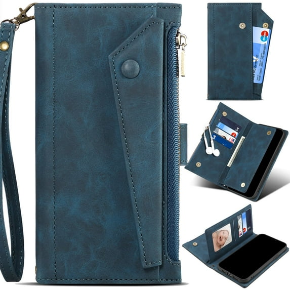 for Motorola Moto E20/E30/E40 Leather Phone Case Wallet with Zipper Pocket Flip Cover, 3-Layers RFID Blocking Multi Card Holder Slot, Magnetic Button, Hand Lanyard + Crossbody Shoulder Strap