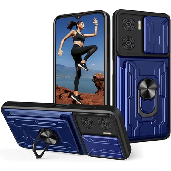 for Motorola Moto E22 4G Case with Slide Camera Cover, Heavy Duty Protective with Ring Kickstand & Card Holder Cell Phone Case for Motorola E22 4G /E22i 4G LJK Blue