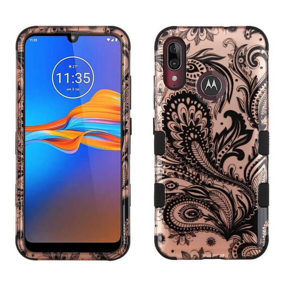 Motorola Moto E6 PLUS Phone Case Hybrid Armor [Military Grade] Dual Layer Rugged Rubber TPU Shockproof Defender Protective Cover 2D Design Lace Flower Paisley Phoenix Floral for Motorola Moto E6 Plus