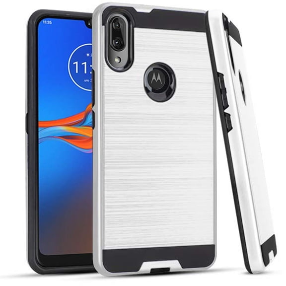 Motorola Moto E6 Plus Dual layer Metal Brushed Shockproof Armor Hybrid Case Cover Silver