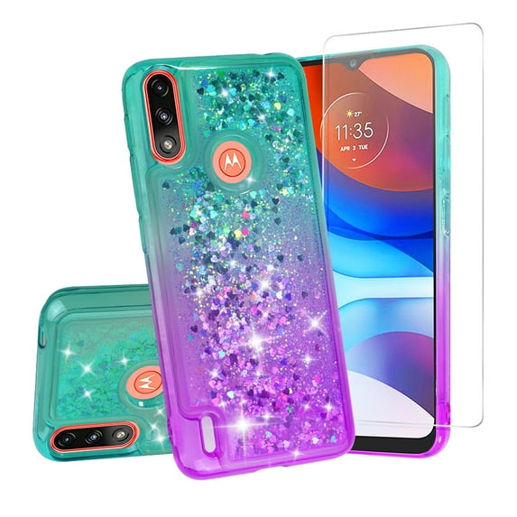 Motorola Moto E7 Power Case, with Tempered Glass Screen Protector SOGA Diamond Liquid Quicksand Cover Cute Girl Women Phone Case - Teal / Purple