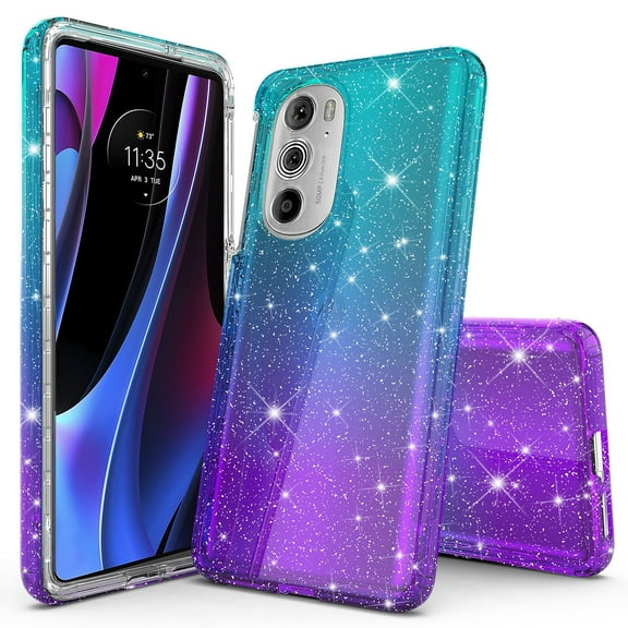 Motorola Moto Edge 2022 Case, Rosebono Hybrid Glitter Sparkle Transparent Colorful Gradient TPU Skin Cover Protection Case For Motorola Moto Edge 2022 (Teal/Purple)