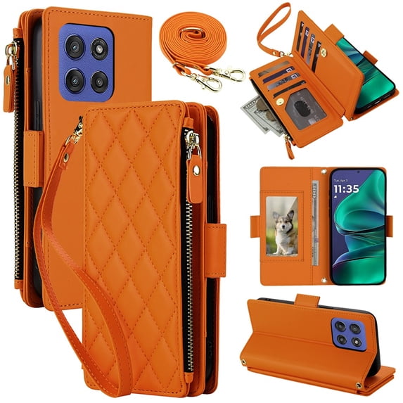 For Motorola Moto Edge 2025 5G RFID Blocking Wallet Case, Crossbody Purse Phone Case with 9 Card Slots, Zipper Pocket & Detachable Strap,Orange,For Moto Edge 2025 5G
