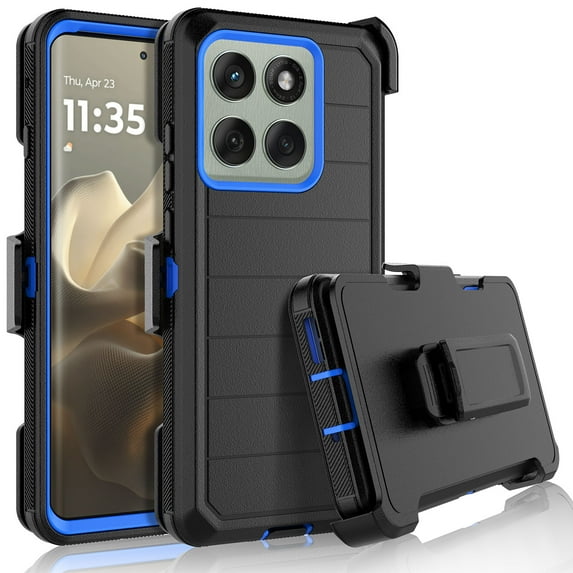 For Motorola Moto Edge 2025 Case with Belt-Clip Holster, Tekcoo Military Grade Drop Protection Heavy Duty Shockproof Rugged Full Protective Phone Case Kickstand Cover for Moto Edge 2025 - Blue