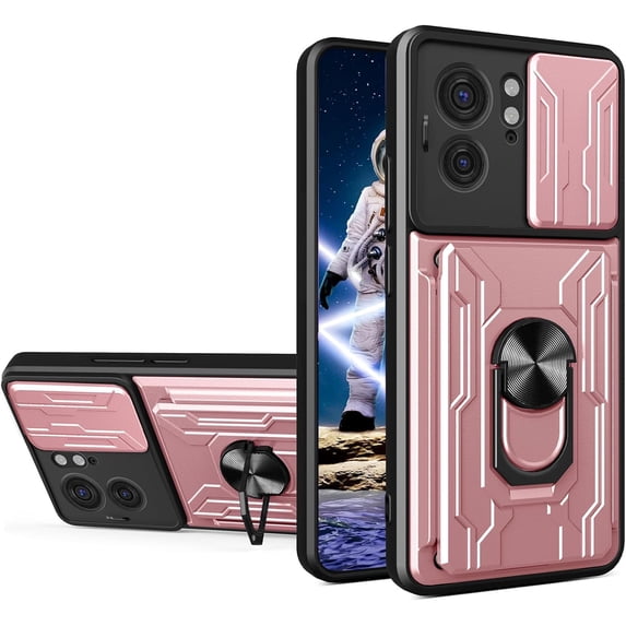 for Motorola Moto Edge 40 Case with Slide Camera Cover, Heavy Duty Protective with Ring Kickstand & Card Holder Cell Phone Case for Motorola Edge 40 LJK Rose Gold