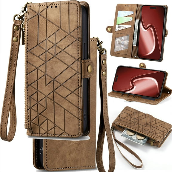 for Motorola Moto Edge 50 Pro Phone Case Leather Wallet Zipper Pocket Pouch, Retro Brushed Striped Folio Flip Cover Kickstand, Card Holder Cash Slot, Magnetic Metal Button, Wrist Strap