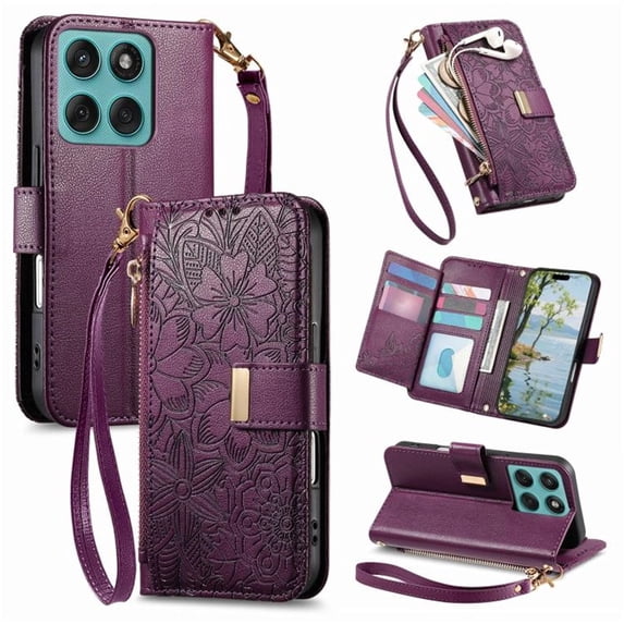 For Motorola Moto Edge 60 5G Wallet Case with Card,PU Leather Phone Case Flip Protective Cover Wrist Strap Zipper Credit Card Slots Magnetic Snap Protective Cover,Purple