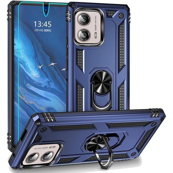 for Motorola Moto Edge Plus 2023 Case, Edge+ 2023 Case with HD Screen Protector, Military-Grade Metal Ring Holder Kickstand 15ft Drop Tested Shockproof Cover Case for Moto Edge+ 2023, Blue