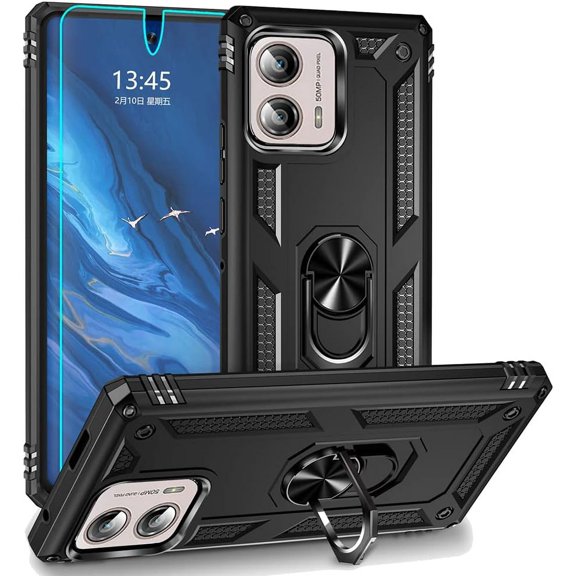 for Motorola Moto Edge Plus 2023 Case, Edge+ 2023 Case with HD Screen Protector, Military-Grade Metal Ring Holder Kickstand 15ft Drop Tested Shockproof Cover Case for Moto Edge+ 2023, Black