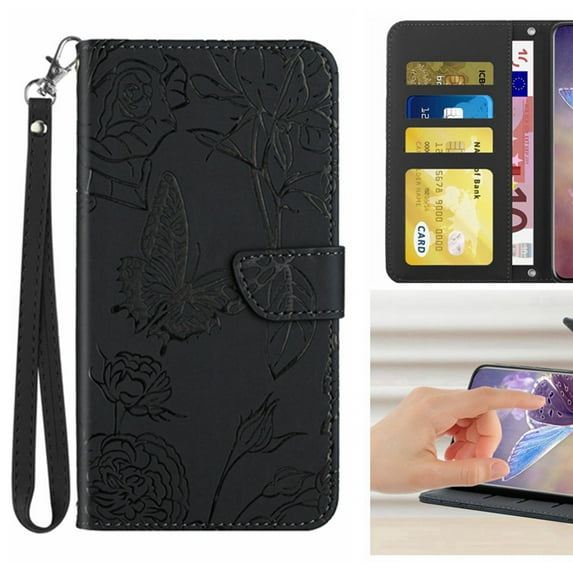 For Motorola Moto G (2025) Flip Phone Case,PU Leather Flip Folding Kickstand,With Card Slots,Butterfly&Flower Printing Designed,Wrist Strap&Shoulder Strap,Shockproof Wallet Phone Case,Black