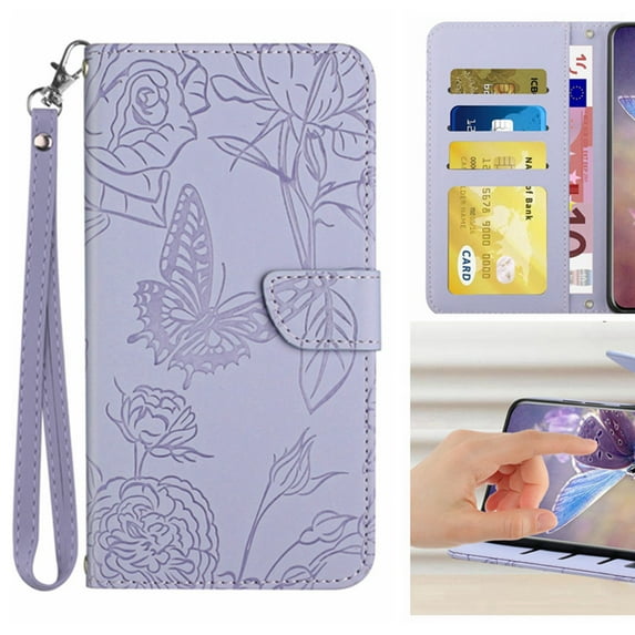 For Motorola Moto G (2025) Flip Phone Case,PU Leather Flip Folding Kickstand,With Card Slots,Butterfly&Flower Printing Designed,Wrist Strap&Shoulder Strap,Shockproof Wallet Phone Case,Lightpurple