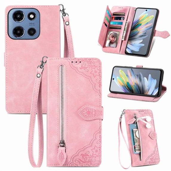 for Motorola Moto G 2025 / G 2026 / G Paly 2026 6.7 inch Case, Wallet for Women Men, Durable PU Leather Magnetic Flip Lanyard Strap Wristlet Zipper Card Holder Wallet Phone Case,Pink