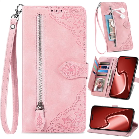 for Motorola Moto G (2026) Matte Nubuck Leather Phone Case Zipper Wallet Folio Flip Cover Kickstand, 2-Layer Card Slot Cash Holder Photo Frame, Embossed Floral Magnetic Clasp, Wrist Strap