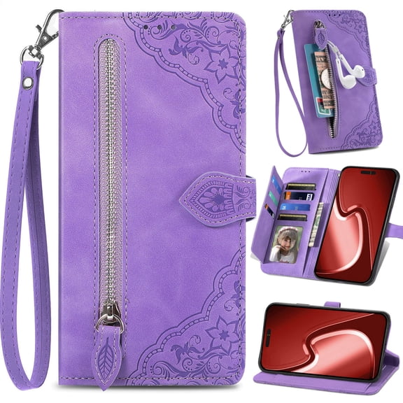 for Motorola Moto G (2026) Matte Nubuck Leather Phone Case Zipper Wallet Folio Flip Cover Kickstand, 2-Layer Card Slot Cash Holder Photo Frame, Embossed Floral Magnetic Clasp, Wrist Strap