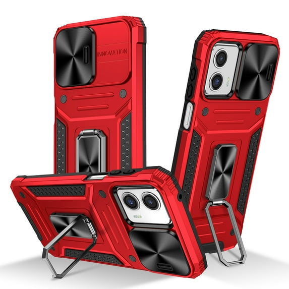 For Motorola Moto G 5G (2023) Armor Case, Military-Grade Drop Protection, with Slide Camera Cover & Multi-angle Kickstand, Built-in 360° Rotating Magnetic Stand Rugged Case, Red