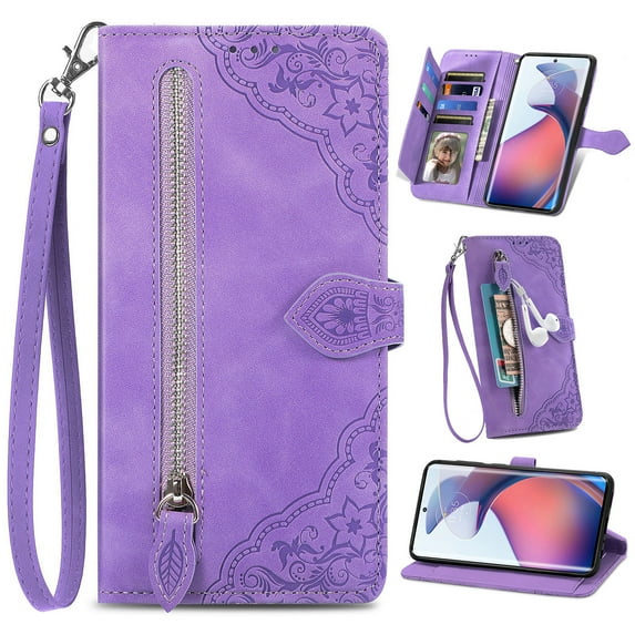 for Motorola Moto G 5G 2023 Case for Women,Cute Wallet Case with Zipper Pocket Purse Flower Embossed PU Leather Card Slots Wrist Strap Flip Folio Protective Phone Cover for Moto G 5G 2023, Purple