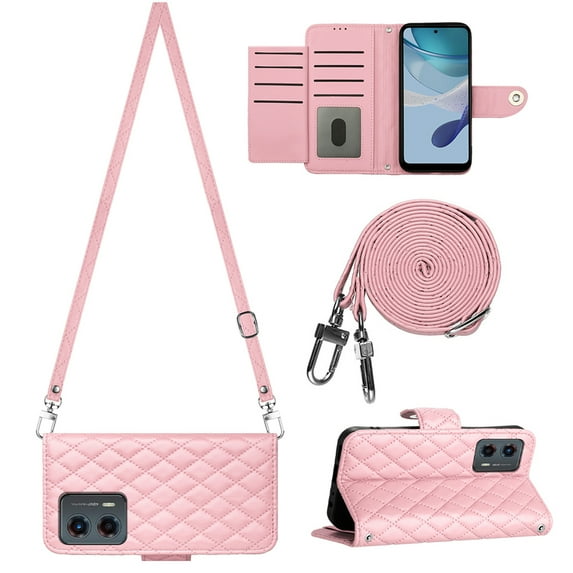 for Motorola Moto G 5G 2023 Wallet Case, Elegant Card Holder Cash Slot PU Leather Kickstand Shoulder Strap Shockproof Protective Flip Women Girls Case Cover for Moto G 5G 2023, Pink