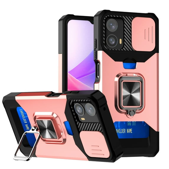 for Motorola Moto G 5G 2024 Case with Card Holder Ring Kickstand Sliding Cover Case Heavy Duty Protection Shockproof Rugged for Motorola Moto G 5G 2024 Phone Cover, Rosegold