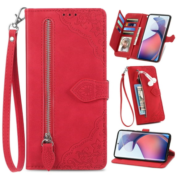 for Motorola Moto G 5G 2024 Case for Women,Cute Wallet Case with Zipper Pocket Purse Flower Embossed PU Leather Card Slots Wrist Strap Flip Folio Protective Phone Cover for Moto G 5G 2024, Red