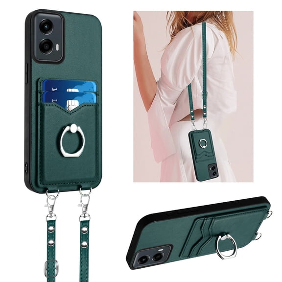 for Motorola Moto G 5G 2024 PU Leather Phone Case, Classic Shoulder Strap Card Slots Shockproof Protective Ring Bracket Anti-scratch Ultra Slim Back Case for Moto G 5G 2024 - Green