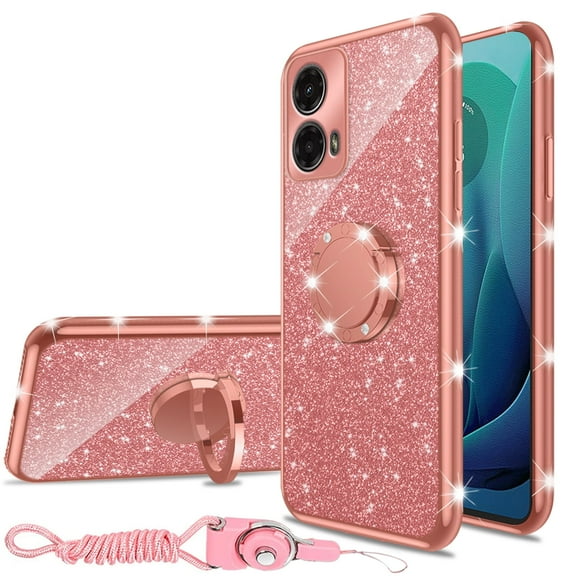 for Motorola Moto G 5G 2024 Phone Case with Ring Stand Lanyard Strap, Cute Glitter Girly Women Protection Shockproof 2-Layer Protective Cover - Rose Gold