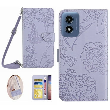 for Motorola Moto G 5G (2024) Phone Case Wallet,Crossbody Strap Women Flip Folio Cover with Card Holders Butterfly Embossed Premium PU Leather Kickstand Wrist Strap Magnetic Closure Case,Lightpurple