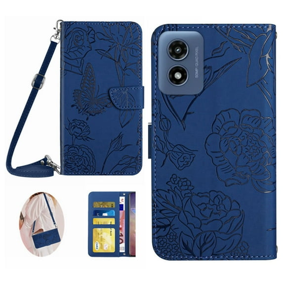 for Motorola Moto G 5G (2024) Phone Case Wallet,Crossbody Strap Women Flip Folio Cover with Card Holders Butterfly Embossed Premium PU Leather Kickstand Wrist Strap Magnetic Closure Case,Darkblue