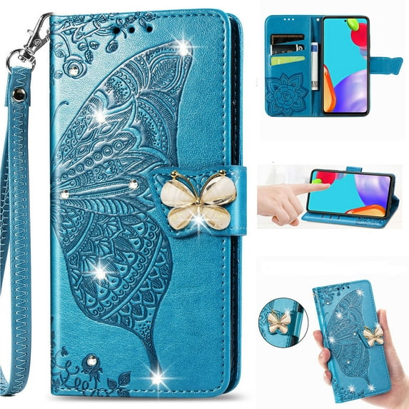 for Motorola Moto G 5G 2024 Phone Case Wallet, Women Flip Cover with Credit Card Holders Diamond Emboss Butterfly Flower PU Leather Wrist Strap Kickstand Case for G 5G 2024, Blue